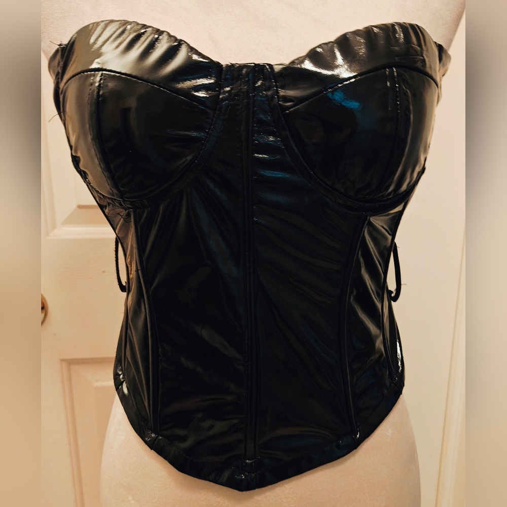 90s Love Highlight Black Wet Look Faux Leather Bustier Corset Top w Back Zip.